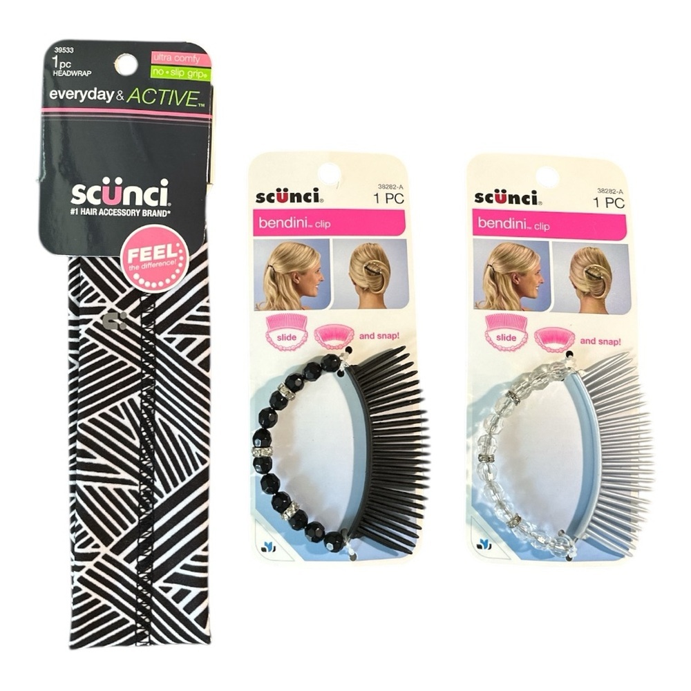 Scünci Hair Accessory Trio – Active Headwrap & 2 Bendini Clips Black and White
